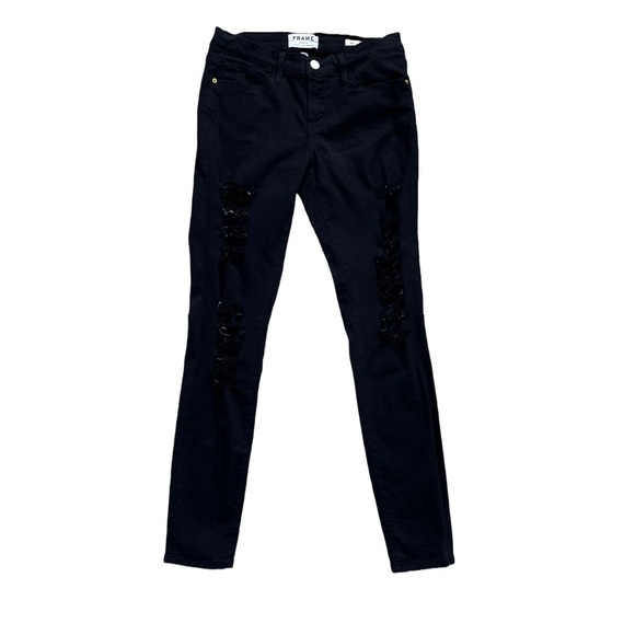 Frame Denim Le Skinny de Jeanne Distressed Ripped Black Jeans Film Noir Size 26 - Picture 3 of 14
